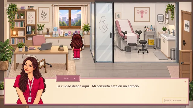 Consulta luminosa con escritorio y ventana; la protagonista de uniforme aparece en el retrato del diálogo.